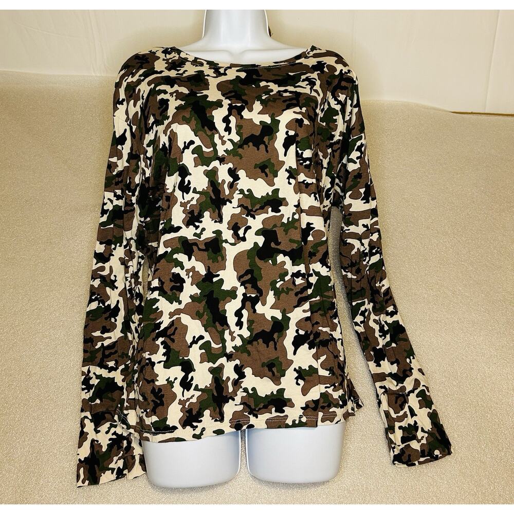 Seed To Style Top Women L Brown Organic Cotton Camo Print Long Sleeve‎